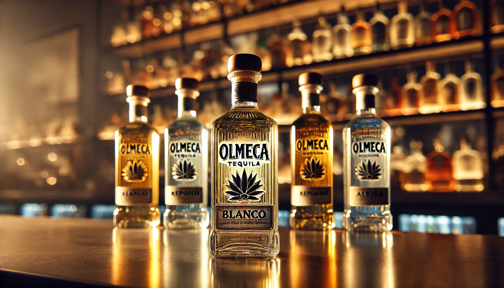 Пляшки текіли Olmeca: Blanco, Reposado, Añejo та Altos Plata на барній стійці